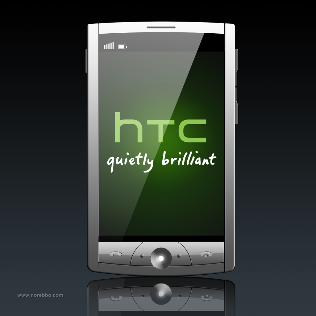 3d illustration of a simple touch screen mobile phone showing a glowing green HTC logo